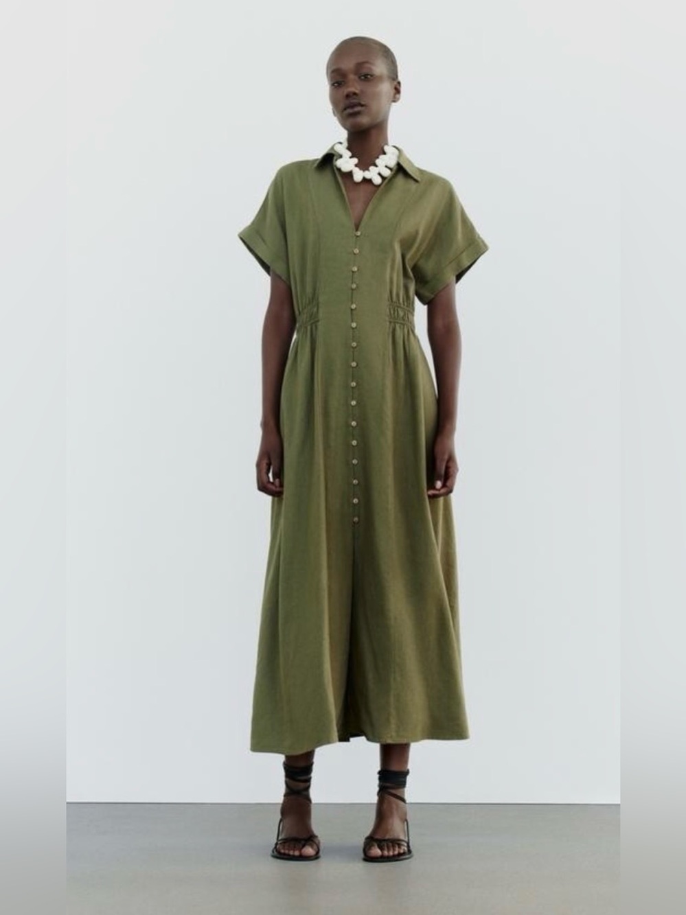 ZARA Linen Blend Olive Green Button-Front Midi Shirtdress S
